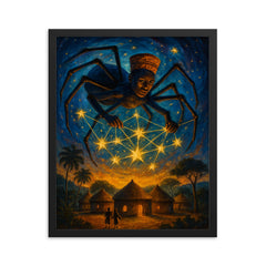 Anansi weaving stars above West African village framed print on a plain backdrop in size 16"x20".