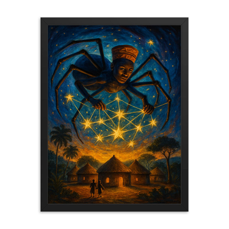 Anansi weaving stars above West African village framed print on a plain backdrop in size 18