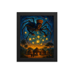 Anansi weaving stars above West African village framed print on a plain backdrop in size 8"x10".