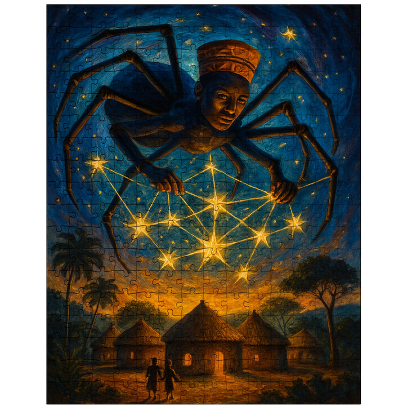Anansi weaving stars above West African village jigsaw puzzle