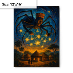 Anansi weaving stars above West African village metal print on a plain backdrop in size 12"x16".