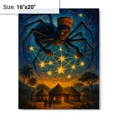 Anansi weaving stars above West African village metal print on a plain backdrop in size 16"x20".