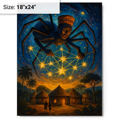 Anansi weaving stars above West African village metal print on a plain backdrop in size 18"x24".