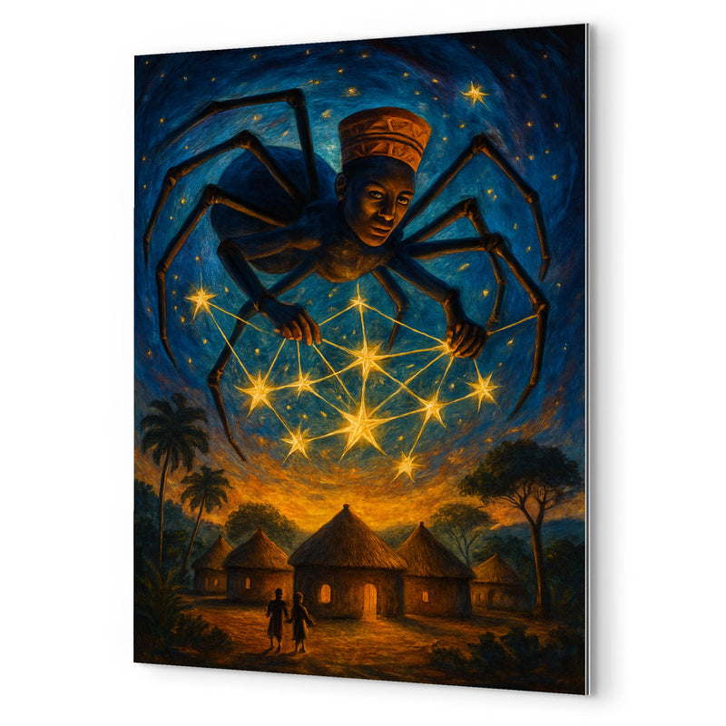 Anansi weaving stars above West African village metal print mockup