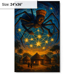 Anansi weaving stars above West African village metal print on a plain backdrop in size 24"x36".