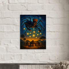 Anansi weaving stars above West African village metal print mockup