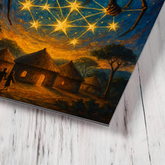 Anansi weaving stars above West African village metal print mockup