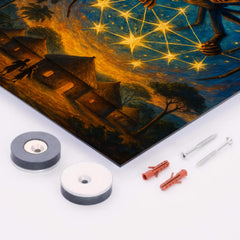 Anansi weaving stars above West African village metal print mockup