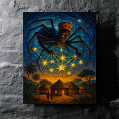 Anansi weaving stars above West African village metal print mockup