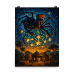 Anansi weaving stars above West African village poster on a plain backdrop in size 8"x10".