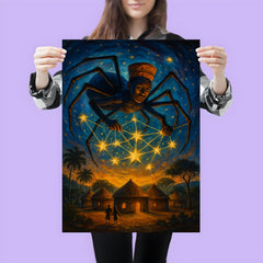 Anansi weaving stars above West African village poster 3