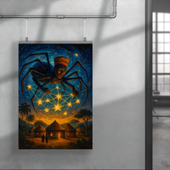 Anansi weaving stars above West African village poster 4