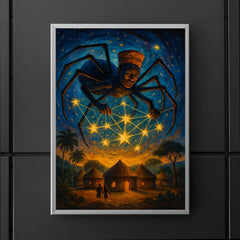 Anansi weaving stars above West African village poster 5