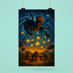 Anansi weaving stars above West African village poster 6
