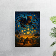Anansi weaving stars above West African village poster 7