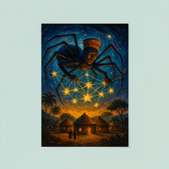 Anansi weaving stars above West African village poster 8