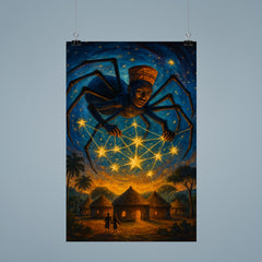Anansi weaving stars above West African village poster 9