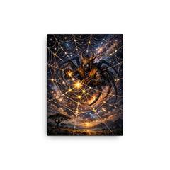 Anansi weaving stars into a spider web canvas print on a plain backdrop in size 12"x16".