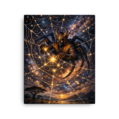 Anansi weaving stars into a spider web canvas print on a plain backdrop in size 16"x20".