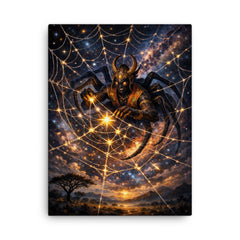Anansi weaving stars into a spider web canvas print on a plain backdrop in size 18"x24".