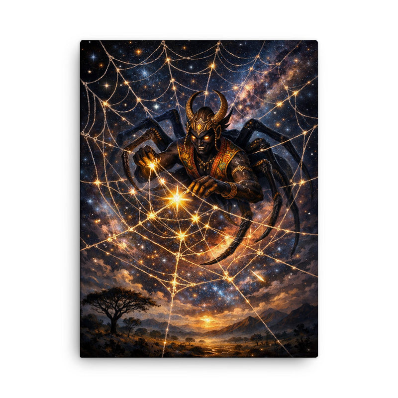 Anansi weaving stars into a spider web canvas print on a plain backdrop in size 18