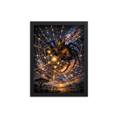 Anansi weaving stars into a spider web framed print on a plain backdrop in size 12"x16".