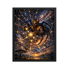 Anansi weaving stars into a spider web framed print on a plain backdrop in size 16"x20".