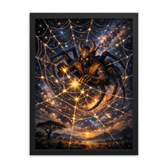 Anansi weaving stars into a spider web framed print on a plain backdrop in size 18"x24".