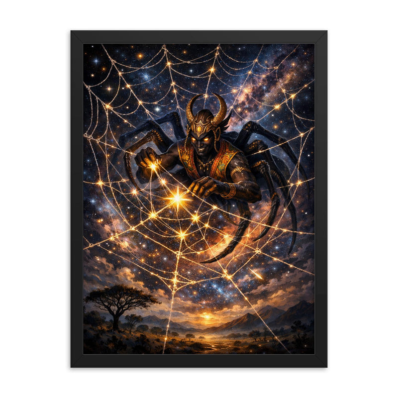 Anansi weaving stars into a spider web framed print on a plain backdrop in size 18