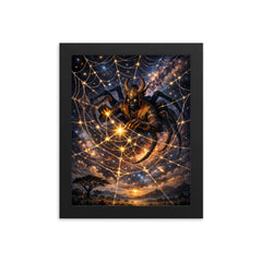 Anansi weaving stars into a spider web framed print on a plain backdrop in size 8"x10".