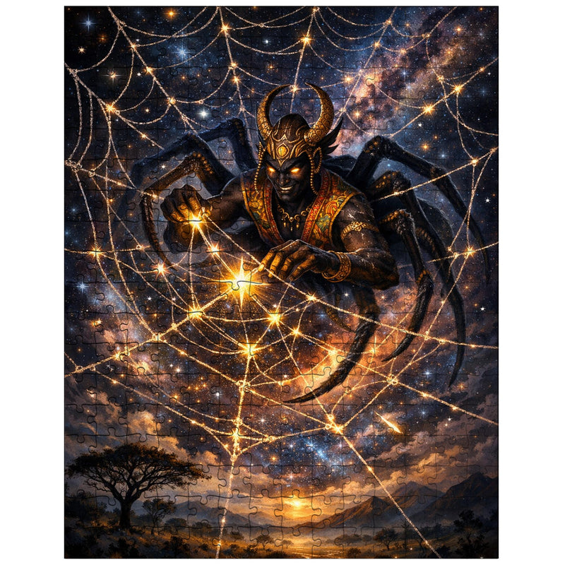 Anansi weaving stars into a spider web jigsaw puzzle