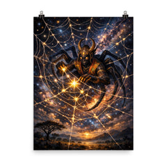 Anansi weaving stars into a spider web poster on a plain backdrop in size 8"x10".