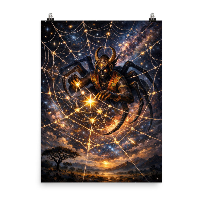 Anansi weaving stars into a spider web poster on a plain backdrop in size 8