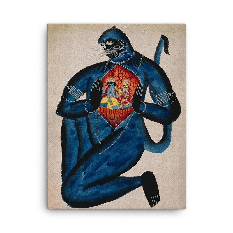 Ancient Hanuman Revealing Rama - Vishnu - and Sita in His Heart canvas print on a plain backdrop in size 18