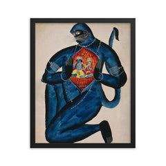 Ancient Hanuman Revealing Rama - Vishnu - and Sita in His Heart framed print on a plain backdrop in size 16"x20".