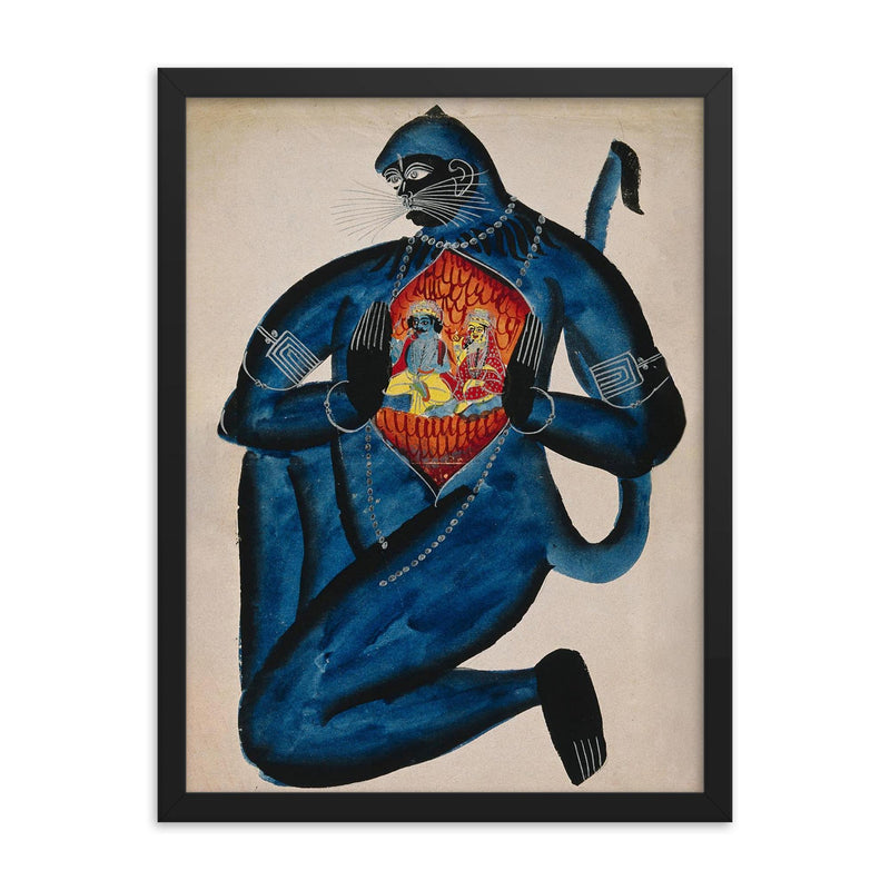 Ancient Hanuman Revealing Rama - Vishnu - and Sita in His Heart framed print on a plain backdrop in size 18