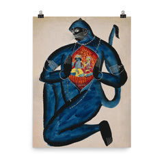 Ancient Hanuman Revealing Rama - Vishnu - and Sita in His Heart poster on a plain backdrop in size 8"x10".