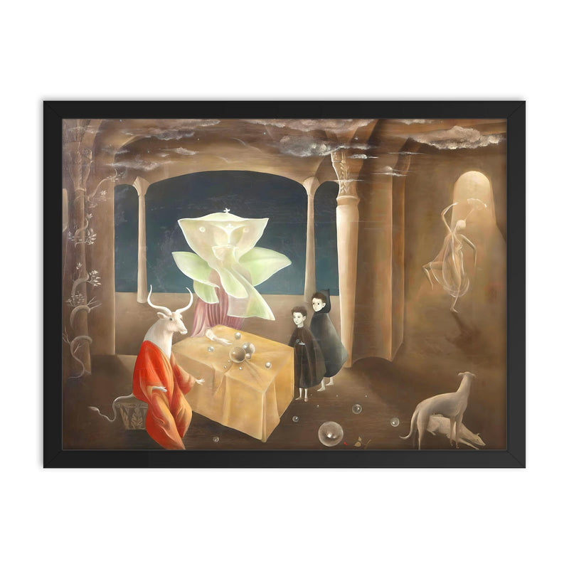 And Then We Saw the Daughter of the Minotaur by Leonora Carrington, 1953 framed print on a plain backdrop in size 18