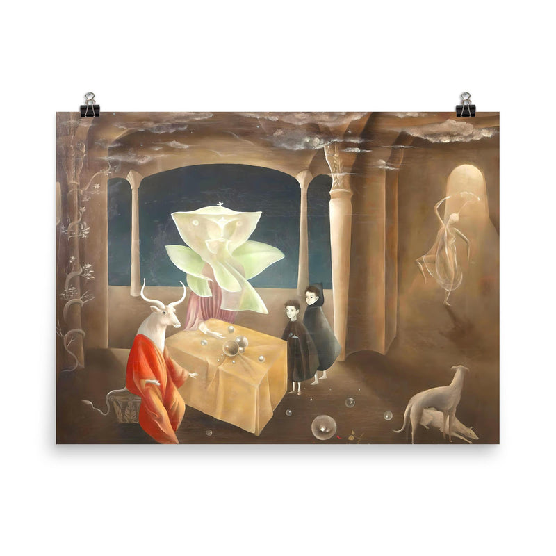 And Then We Saw the Daughter of the Minotaur by Leonora Carrington, 1953 poster on a plain backdrop in size 8