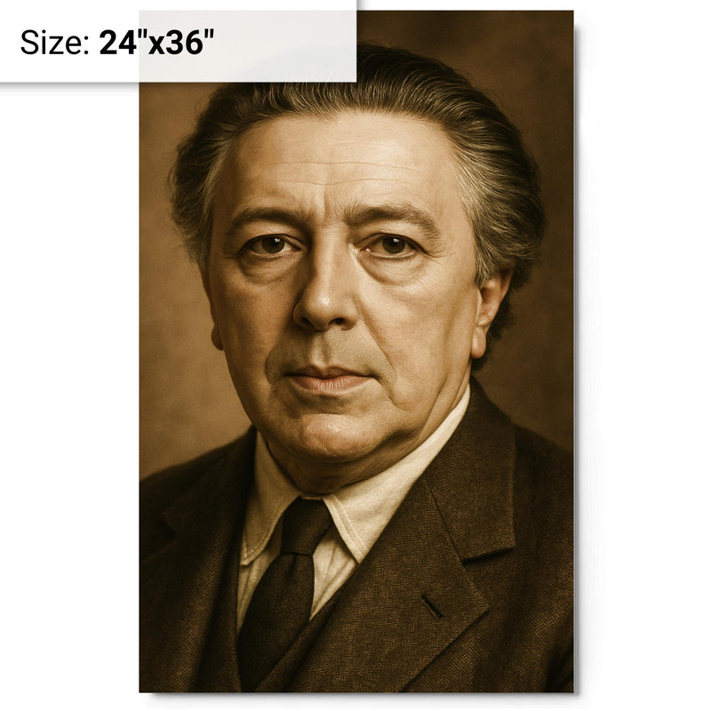 Andre Breton portrait metal print on a plain backdrop in size 24