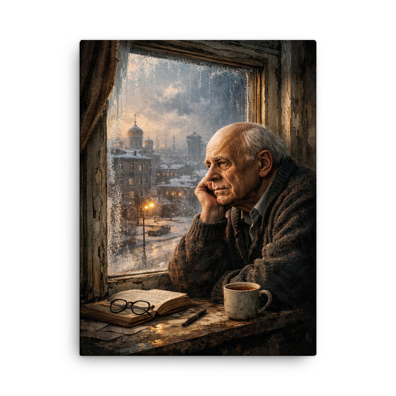 Andrei Sakharov at exile window in Gorky canvas print on a plain backdrop in size 18