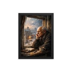 Andrei Sakharov at exile window in Gorky framed print on a plain backdrop in size 12"x16".