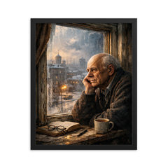 Andrei Sakharov at exile window in Gorky framed print on a plain backdrop in size 16"x20".