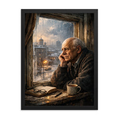 Andrei Sakharov at exile window in Gorky framed print on a plain backdrop in size 18"x24".