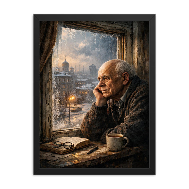 Andrei Sakharov at exile window in Gorky framed print on a plain backdrop in size 18