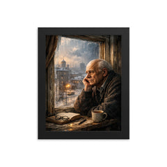 Andrei Sakharov at exile window in Gorky framed print on a plain backdrop in size 8"x10".