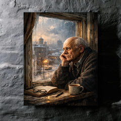 Andrei Sakharov at exile window in Gorky metal print mockup