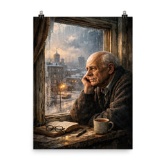 Andrei Sakharov at exile window in Gorky poster on a plain backdrop in size 8"x10".
