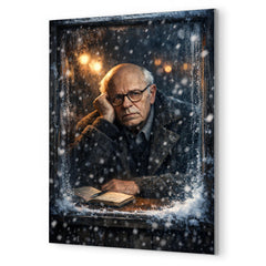 Andrei Sakharov in exile snowy window glare metal print mockup