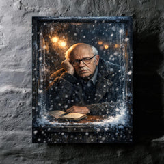 Andrei Sakharov in exile snowy window glare metal print mockup